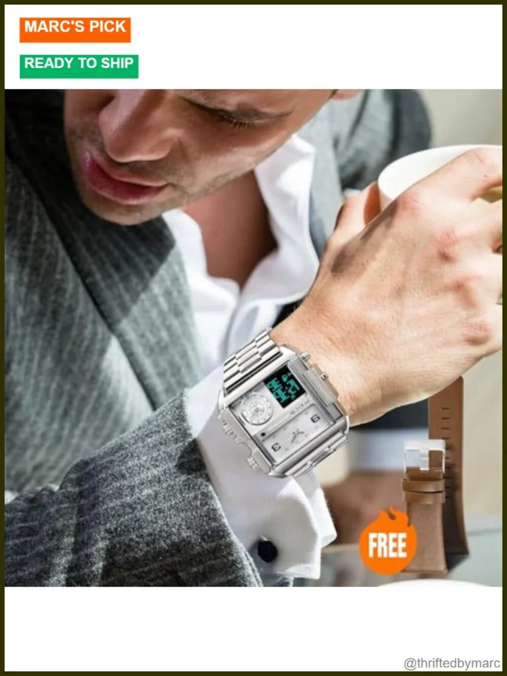 Multifunction Square Chronograph Men's Watch Leather Strap Quartz Alarm Calendar